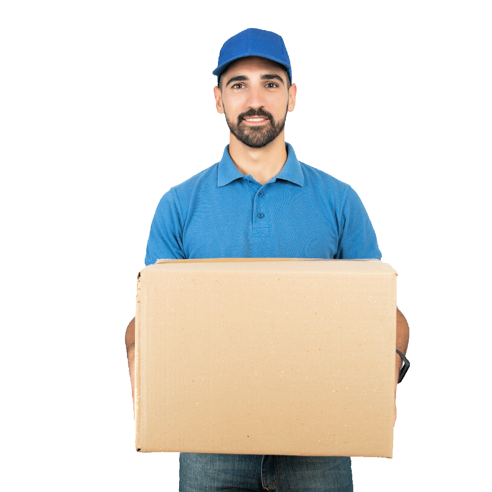 delivery man holding cardboard boxes