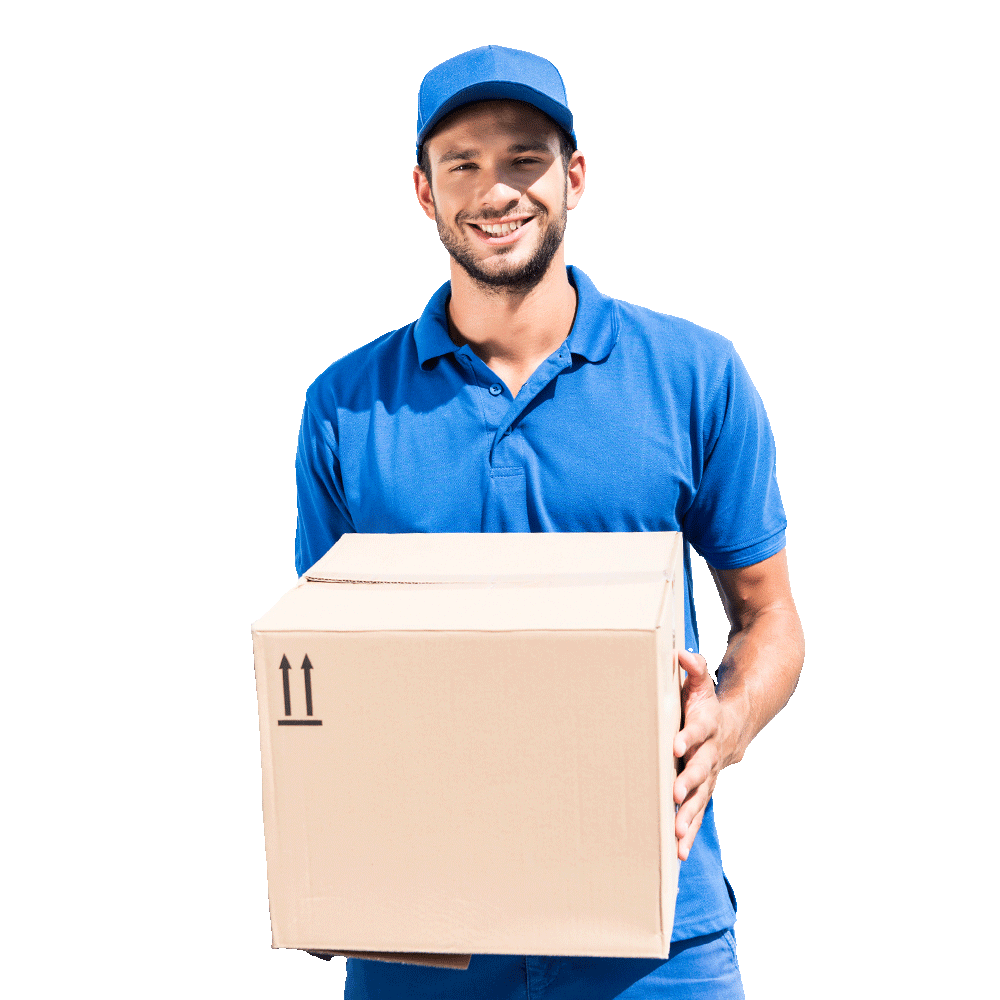 smiling delivery man with box